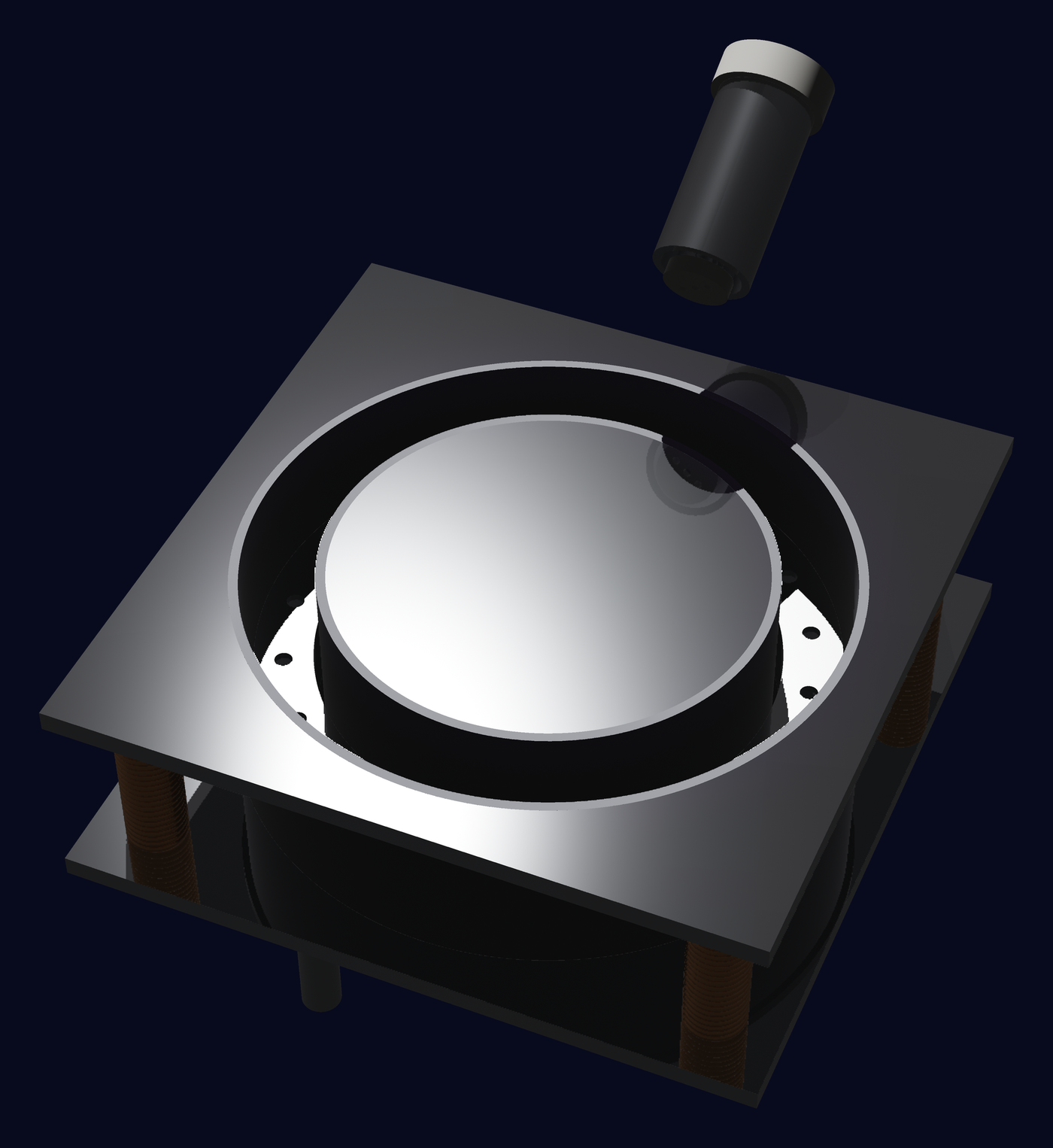 ICEP thruster CAD render with a metallic square housing, annular channel, copper coils and a separate cylindrical cathode above, on a navy background